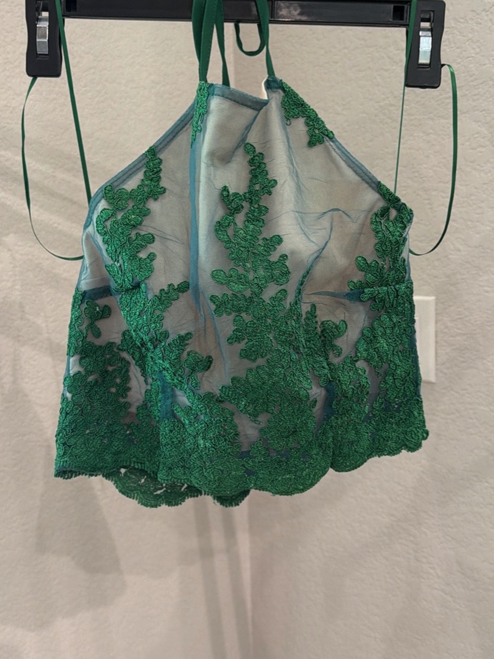 Fashion Nova Emerald Green Sheer Lace Halter Crop Top
